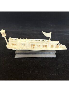 Vintage Chinese Hand Carved Bone Junk Boat Sculpture 6" Long on Wood Base